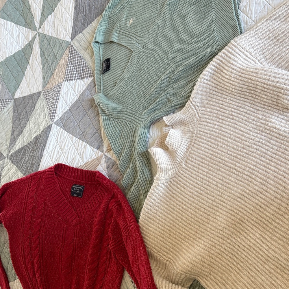 Abercrombie & Fitch V-Neck Sweaters - Red, Green, and Cream